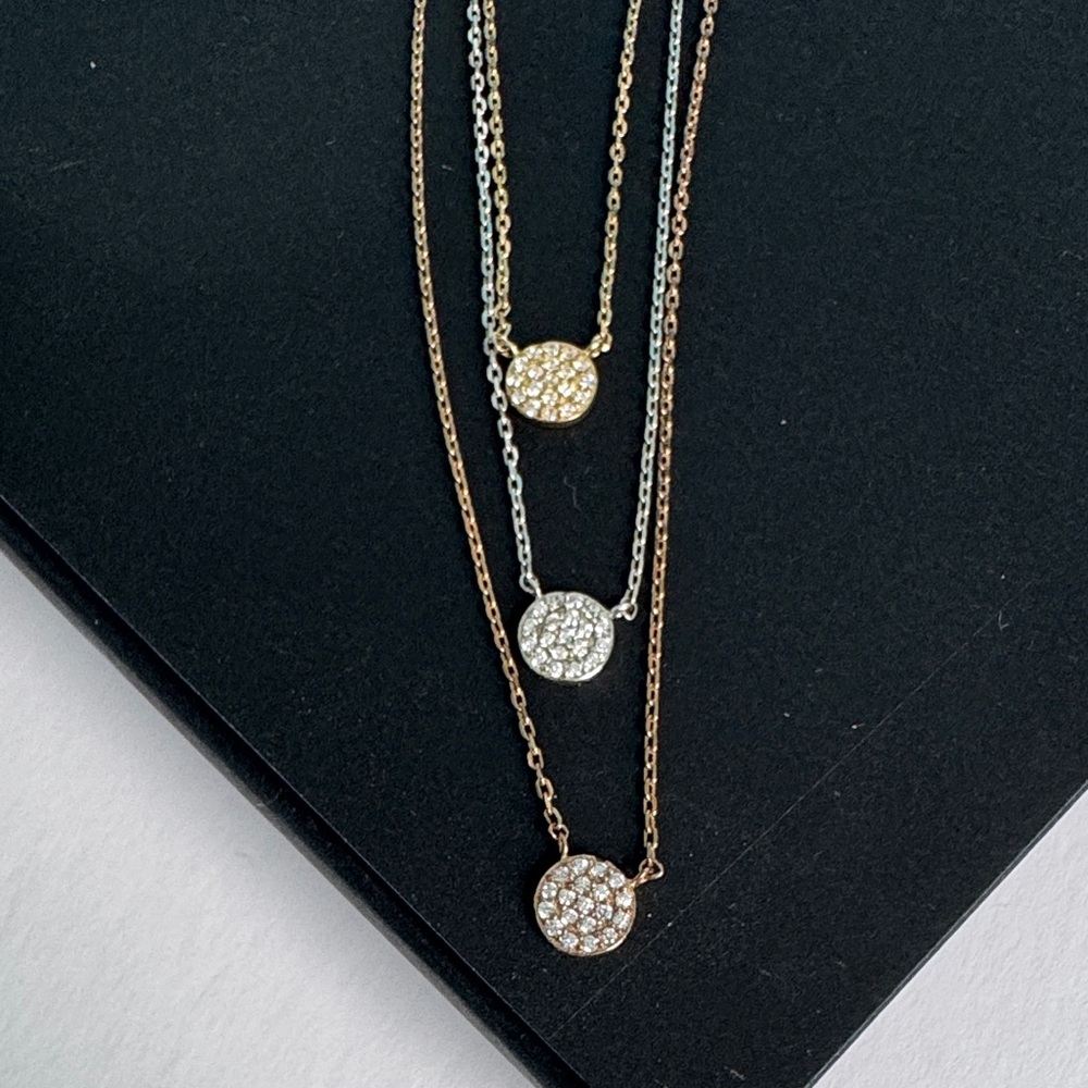 Elegant Gold, Silver and Rose Gold w/pave stones layered necklace